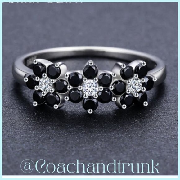 Sterling Silver 18 Black Spinel & 3 White Zirconia Prong Set 3 Flowers NWT Sz 7 - Picture 3 of 4